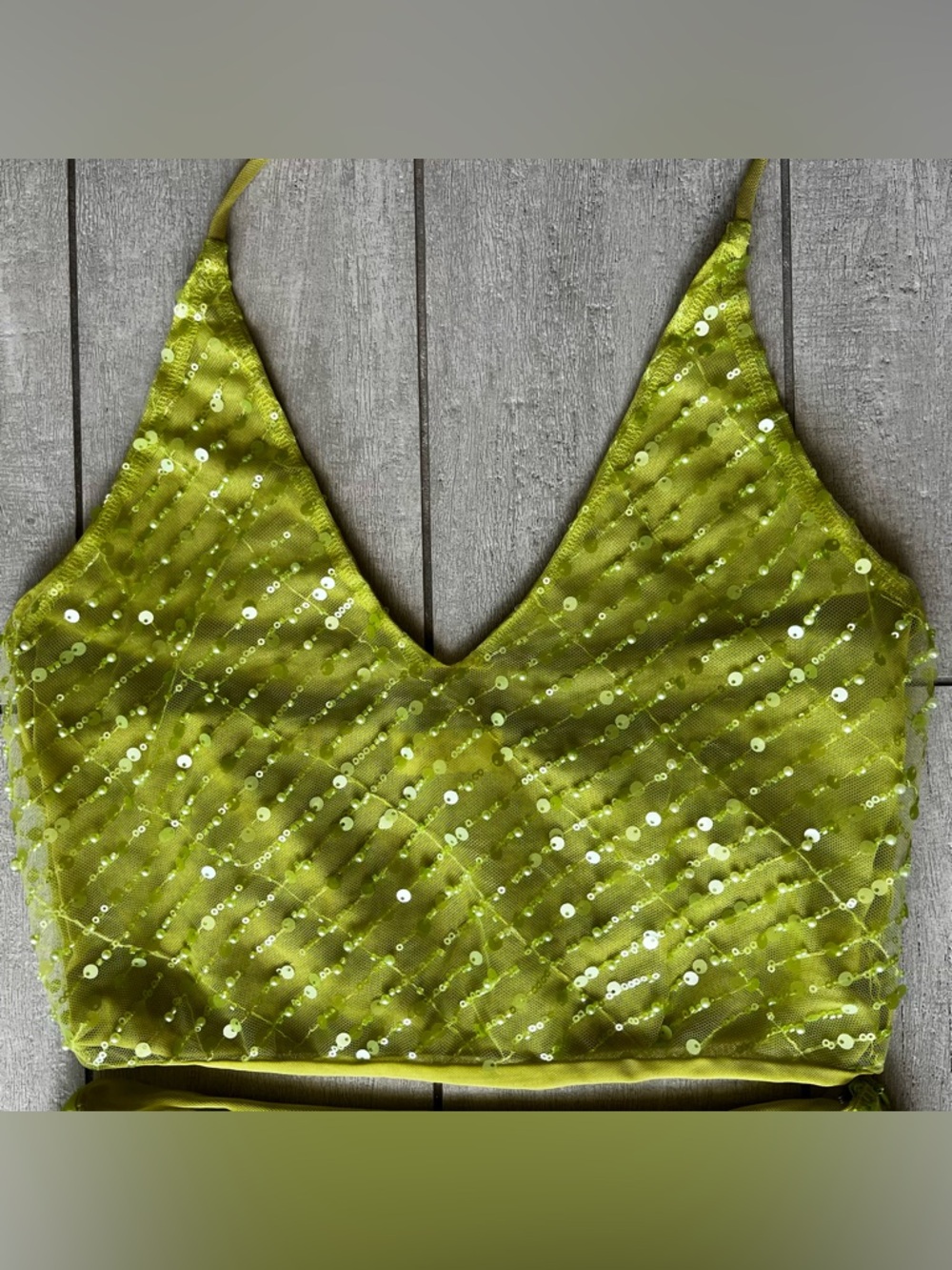Meshki Lime Green Sequin Midi Dress Size S/M Halter Neck & Skirt Set - Picture 6 of 16